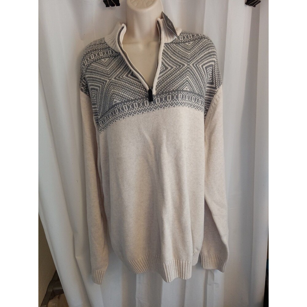 Chaps Quarter Zip Mock Neck Sweater Mens 2XL Fair Isle Beige Gray Pullover NWT